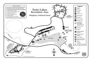 Detailierte Karte des Twin Lakes Freizeitgebiets mit Wanderwegen, Sehenswürdigkeiten und Pfaden sowie zusätzlichen Textinformationen.