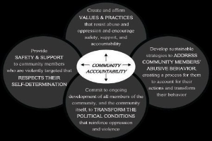 Ein Diagramm mit der Bezeichnung "Gemeinschaftsverantwortung" mit drei miteinander verbundenen Kreisen um einen zentralen Kreis, alles in fetter, leuchtender Farbe.