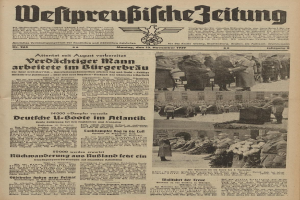 Schwarze und weiße Titelseite einer deutschen Zeitung vom 13. November 1939 mit der Schlagzeile "Weitpreubliche Zeitung" und einem Foto von Menschen in traditioneller deutscher Tracht in einer feierlichen Umgebung.