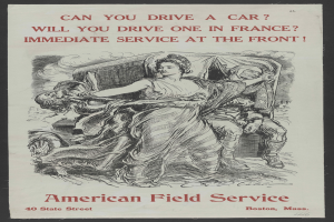 Ein Plakat mit schwarzem Hintergrund, das eine Frau und einen Mann zeigt, mit der Aufschrift "Kannst du ein Auto fahren? Wirst du eines in Frankreich fahren? Sofortdienst am Eingang"