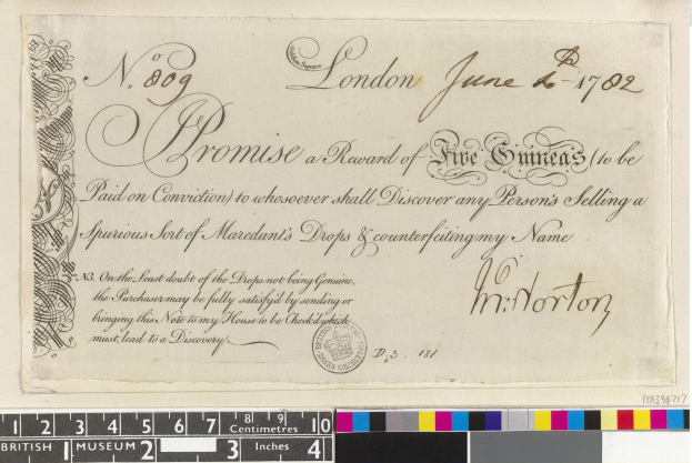 Altes Dokument mit schwarzer und weißer Handschrift, Text und einem Stempel, das Farbskalen und eine Belohnungsanzeige für gefälschte Mardants Tropfen enthält.