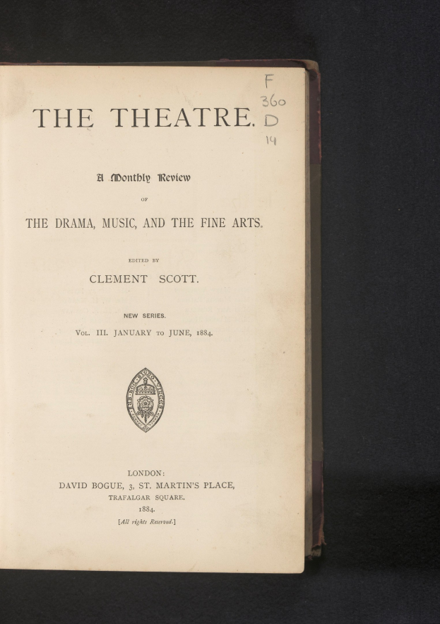 Buch mit dem Titel "The Theatre: A Monthly Review of the Drama, Music, and the Fine Arts" aufgeschlagen mit Text und Logo.