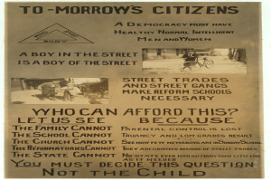 Ein Plakat mit Text und Bildern von Menschen, einer auf einem Fahrrad sitzend, mit dem Text "Morgen's Citizens: A Boy in the Street is a Boy of the Street".