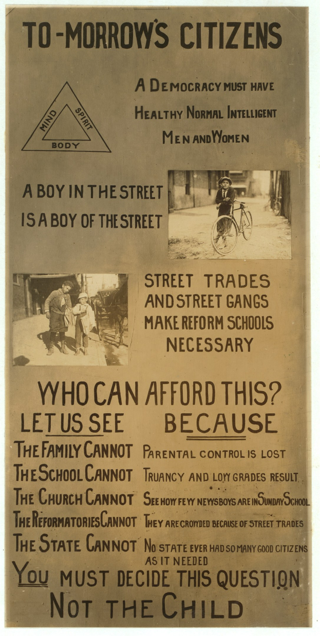 Ein Plakat mit Text und Bildern von Menschen, einer auf einem Fahrrad sitzend, mit dem Text "Morgen's Citizens: A Boy in the Street is a Boy of the Street".