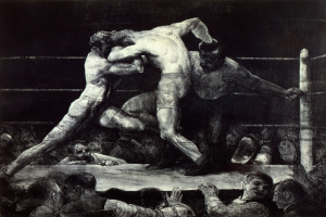 Schwarz-weiß-Zeichnung von zwei Boxern im Ring, die sich gegenseitig mit Faustschlägen traktieren, während eine jubelnde Menge zusieht.