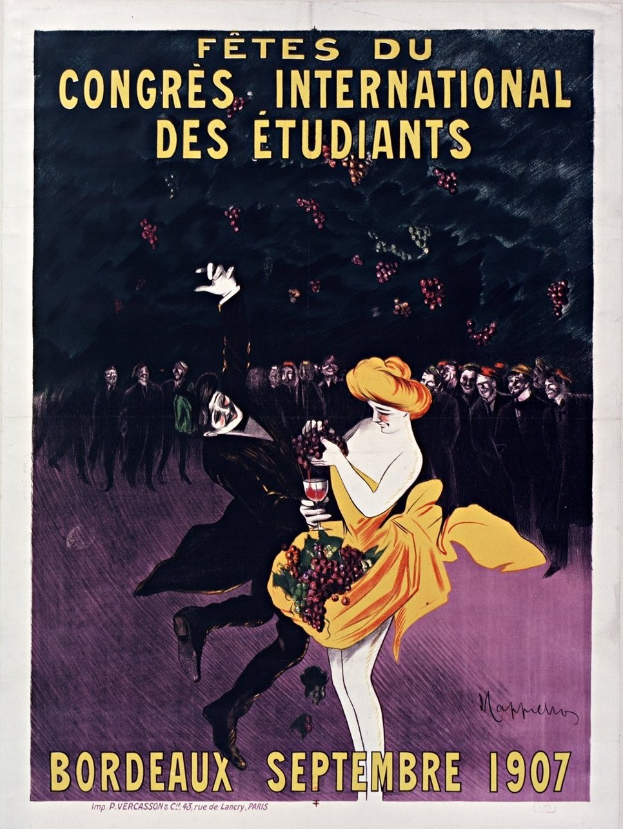 Plakat aus dem Jahr 1907, das ein Weinprobe-Event in Bordeaux, Frankreich ankündigt, mit einer Frau in gelbem Kleid, die ein Weinglas hält, umgeben von einer Menge, mit Veranstaltungstexten.