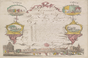 Ein aufgeschlagenes Buch mit einer Stadtansicht-Illustration, die Gebäude, Menschen, eine Brücke und andere Objekte zeigt, sowie begleitenden Text.