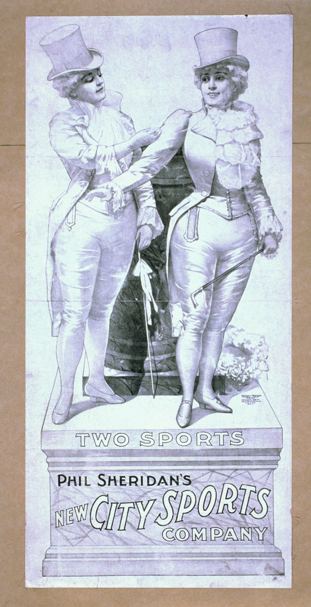 Plakat für die neue Stadt-Sportfirma von Phil Sheridan mit zwei Personen nebeneinander und Text, der die Firma beschreibt.