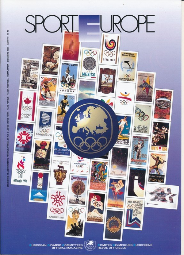 Ein Buchumschlag mit dem Titel "Sporting Europe" in leuchtenden Farben, detaillierten Designs und olympischen Symbolen aus europäischen Spielen.