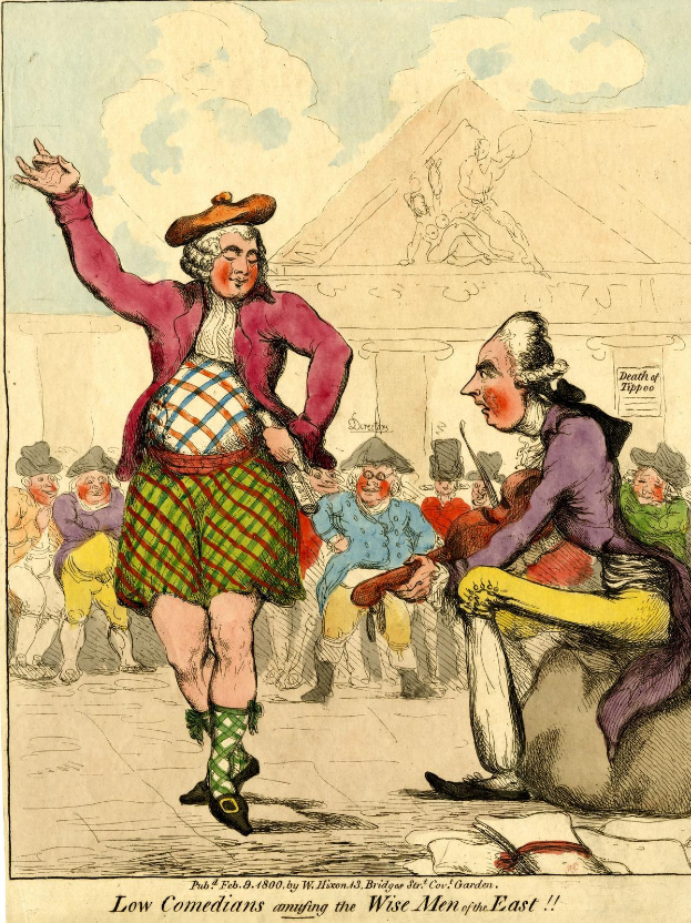 Zeichnung eines Mannes in einem Kilt und einer Frau in einem Kleid, die vor einer Menge stehen, mit einem Gebäude und Wolken im Hintergrund und dem Text 'Niedrige Komiker, die die weisen Männer des Ostens unterhalten' unten.