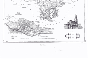 Eine schwarz-weiße alte Karte von Hamburg, Deutschland, mit einer Kirche in der Mitte und Textanmerkungen.