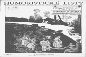 Ein Schwarz-Weiß-Zeichentrickbild einer Gruppe von Menschen, die vor einem Zug stehen und nach oben schauen, mit dem Text "humoristische Listen 18" auf einem Blatt Papier.