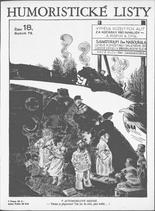 Ein Schwarz-Weiß-Zeichentrickbild einer Gruppe von Menschen, die vor einem Zug stehen und nach oben schauen, mit dem Text "humoristische Listen 18" auf einem Blatt Papier.