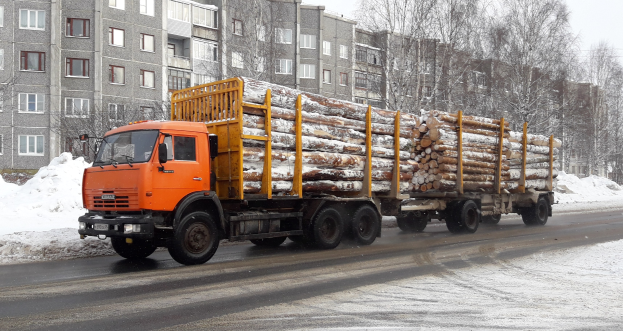 Ein Holzlastwagen fährt auf einer schneebedeckten Straße mit Bäumen, Gebäuden und einem klaren Himmel im Hintergrund.