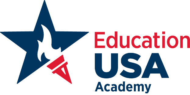 Ein blauer Stern mit den Worten 'Education USA Academy' darunter in Weiß, umgeben von einem weißen Kreis mit blauer Umrandung.