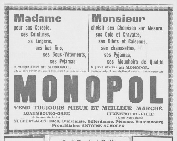 Schwarze und weiße Zeitungsanzeige für das Monopoly-Brettspiel mit Text, der seine Funktionen beschreibt.