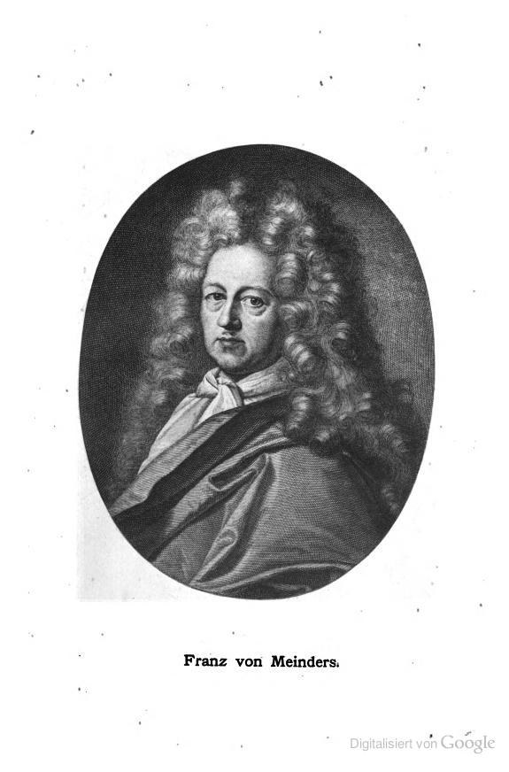 Schwarz-weißes Porträt von Franz von Meinders, einem deutschen Komponisten mit langen Locken, mit deutschem Text unten.