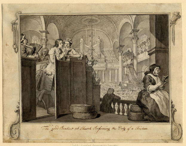 Eine Gruppe von Menschen versammelte sich vor einer Kirche, mit einer Frau, die auf einem Stuhl saß und ein Buch hielt, einem Menschen, der links neben einem Rednerpult stand, und ein paar Menschen, die rechts auf dem Boden saßen, mit einem Foto-Rahmen mit Text unten.