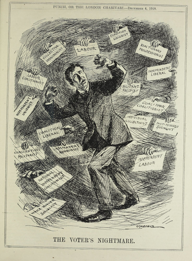 Eine Zeichnung eines Mannes in Anzug und Krawatte, der ein Schild hält, auf dem steht "Der Albtraum des Wählers" und einen entschlossenen Gesichtsausdruck hat.