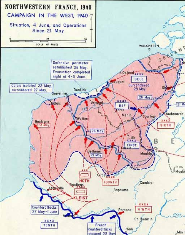 Detailierte Karte von Nordfrankreich während des Westfeldzugs 1940, mit Text und numerischen Daten annotiert.