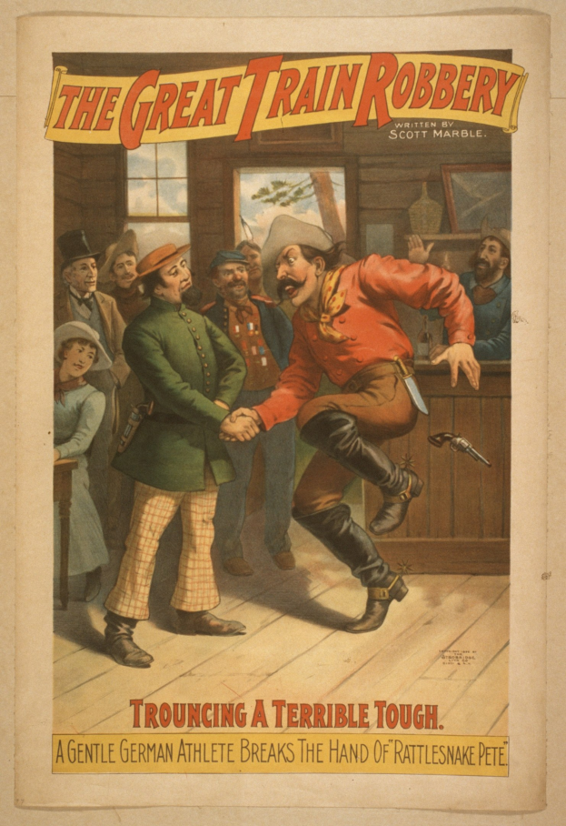 Plakat für "Die große Eisenbahnraub" zeigt eine Gruppe von Menschen, einer hält eine Waffe, ein Fenster, eine Wand und Text oben und unten.