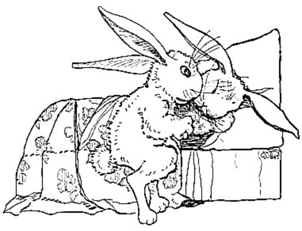 Schwarz-weiß-Zeichnung von zwei Hasen, die auf einem Sofa sitzen und von Ostereier-Farbbildern umgeben sind.