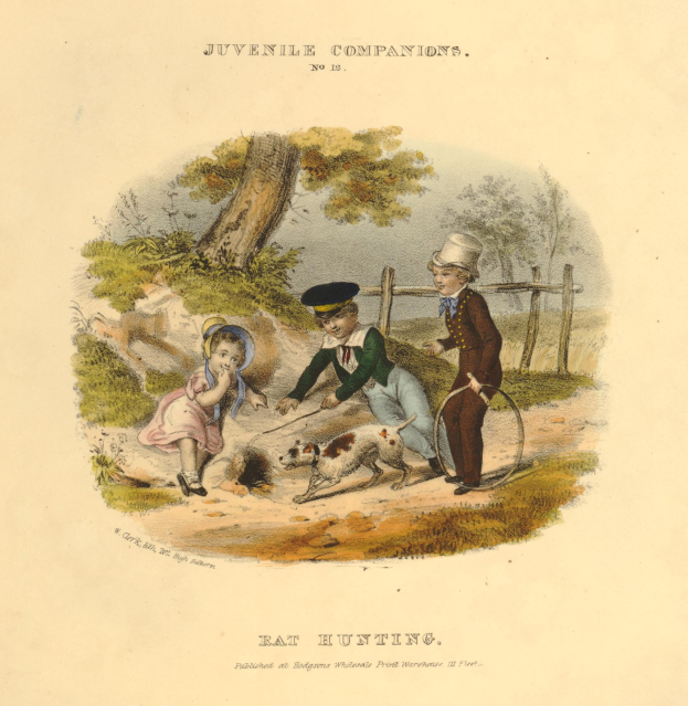 Ein Kindeszeichnetnis von drei Kindern, die mit einem Hund in einem Park spielen, umgeben von Bäumen, Pflanzen und einem Zaun, mit Text unten.