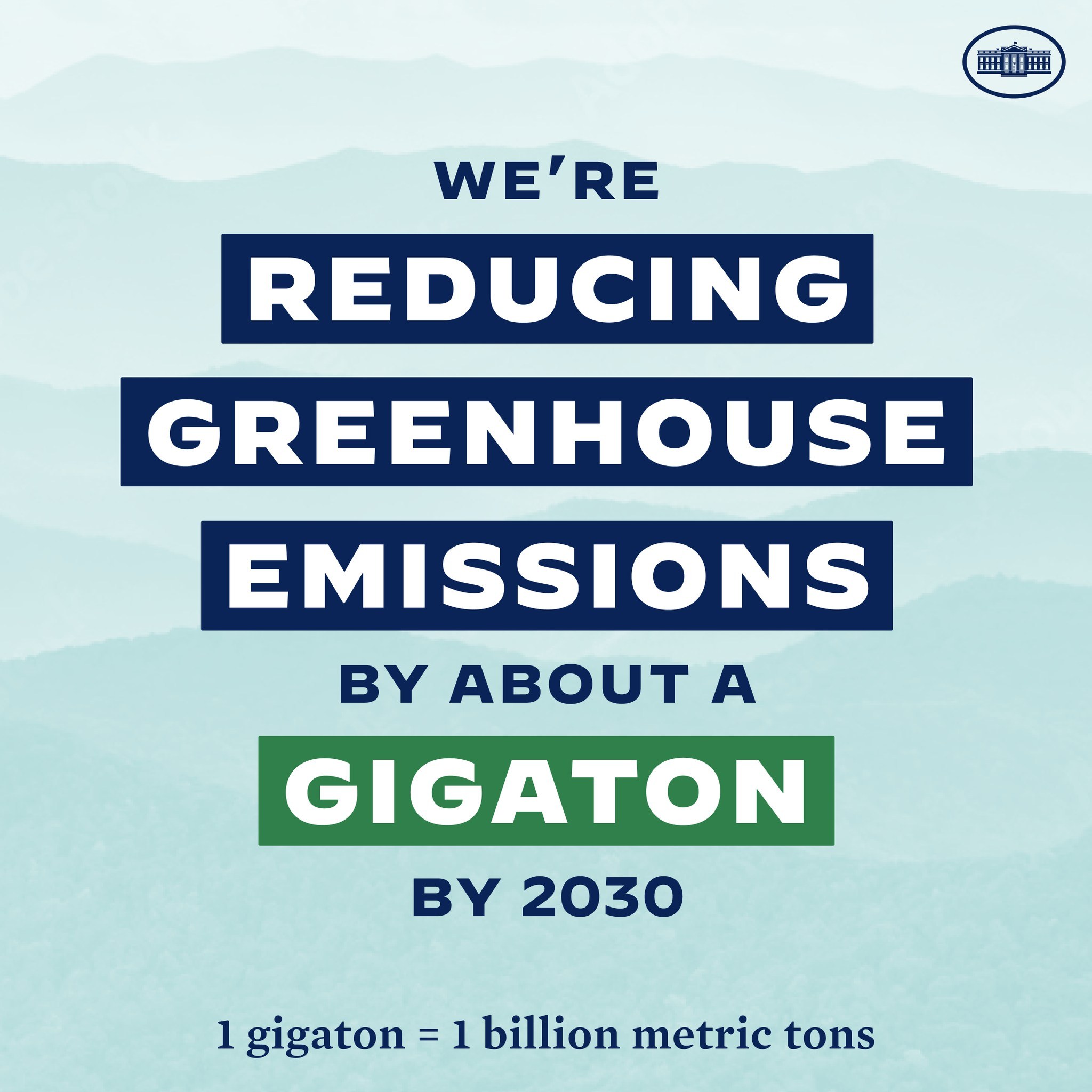 Plakat mit Text und Logo, das besagt: "Wir reduzieren die Treibhausgasemissionen um etwa eine Gigatonne bis 2030", und für eine signifikante Reduzierung der Treibhausgasemissionen bis 2030 wirbt.