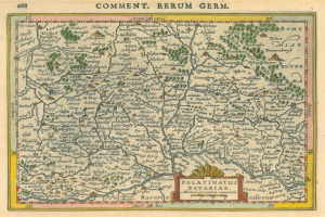 Alte Deutschlandkarte, die die Provinzen Pfalz und Bayern hervorhebt, mit handgeschriebener Text auf dem Papier.