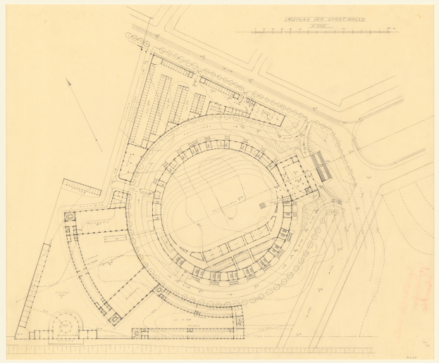 Schwarz-weißer architectural plan of a stadium with surrounding buildings, labeled as the proposed site for a new Sport Hall in London, with handwritten text annotations.