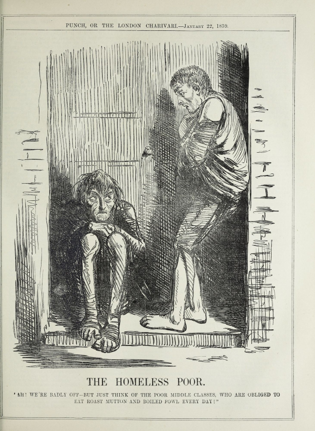 Eine Zeitung mit einer Zeichnung von zwei Personen, wobei eine sitzt und eine steht, mit der Aufschrift "Die Obdachlosen Armen".