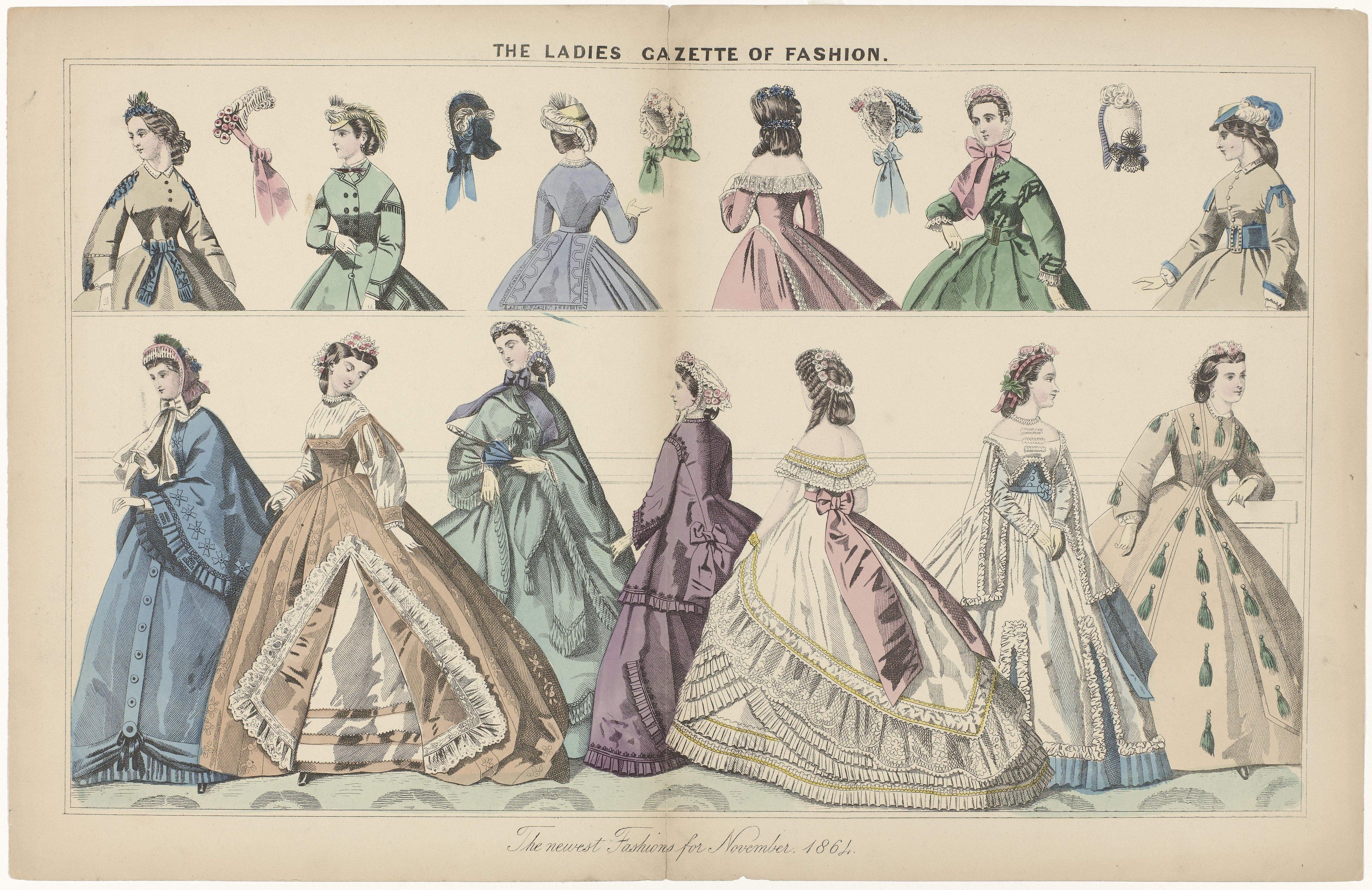 Ein Modemagazin aus 'The Ladies Gazette of Fashion' mit Frauen in farbenfrohen Kleidern und kunstvoll gestalteten Hüten.