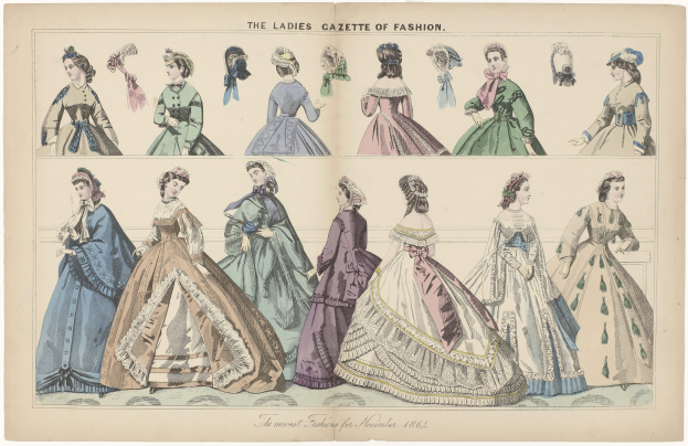 Ein Modemagazin aus 'The Ladies Gazette of Fashion' mit Frauen in farbenfrohen Kleidern und kunstvoll gestalteten Hüten.