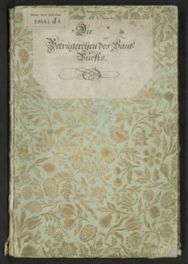 Ein altes Buch mit floralem Design auf dem Cover, betitelt mit "Die Betrugereierten der Bank fürs" vor schwarzem Hintergrund.