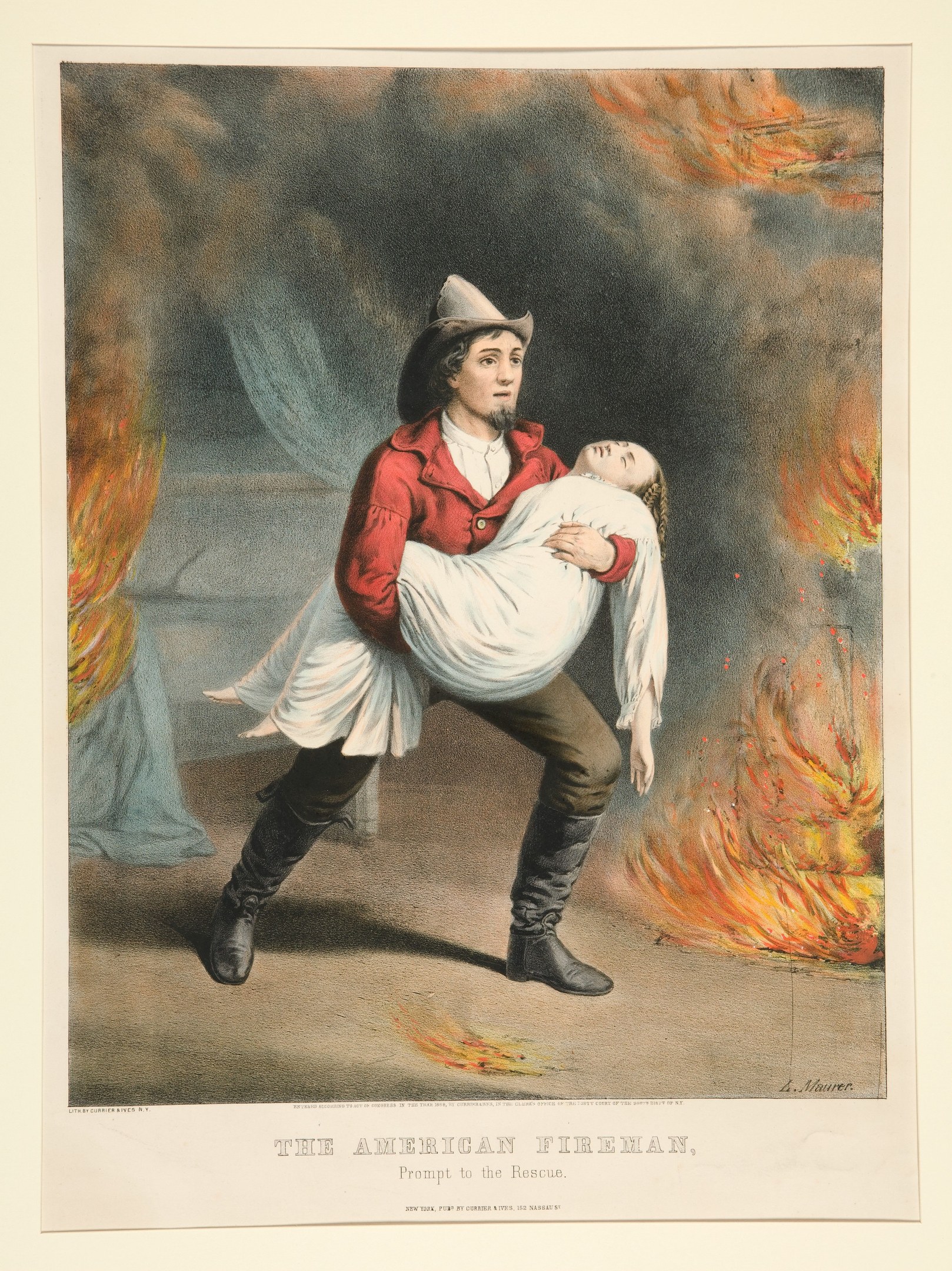 Amerikanischer Feuerwehrmann, der eine Frau durch Feuer und Rauch trägt, mit dem Text "The American Fireman, Prompt to the Rescue" unten.