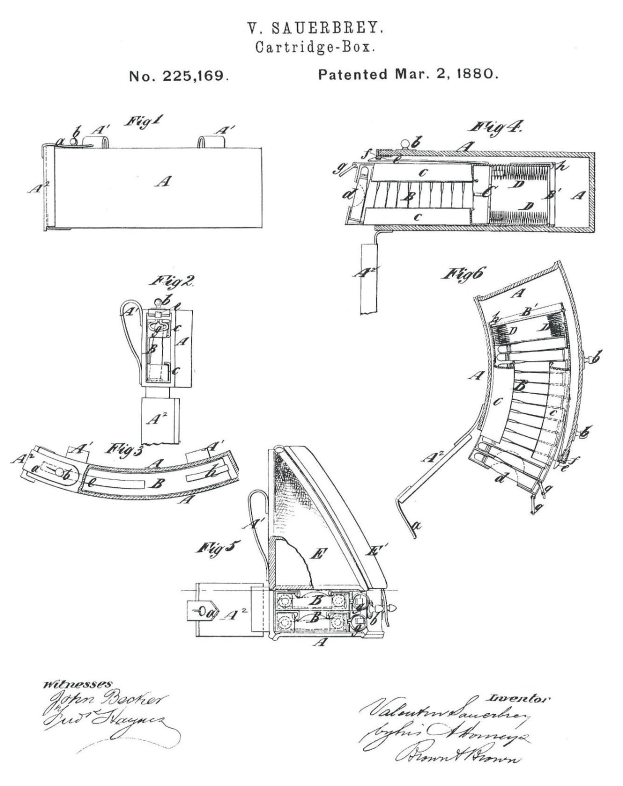 Ein detailliertes technisches Zeichnung einer Maschine mit mehreren Bauteilen, annotiert mit einem Verweis auf ein Patronenbox-Patent aus dem Jahr 1880 und zusätzlichem erklärendem Text.