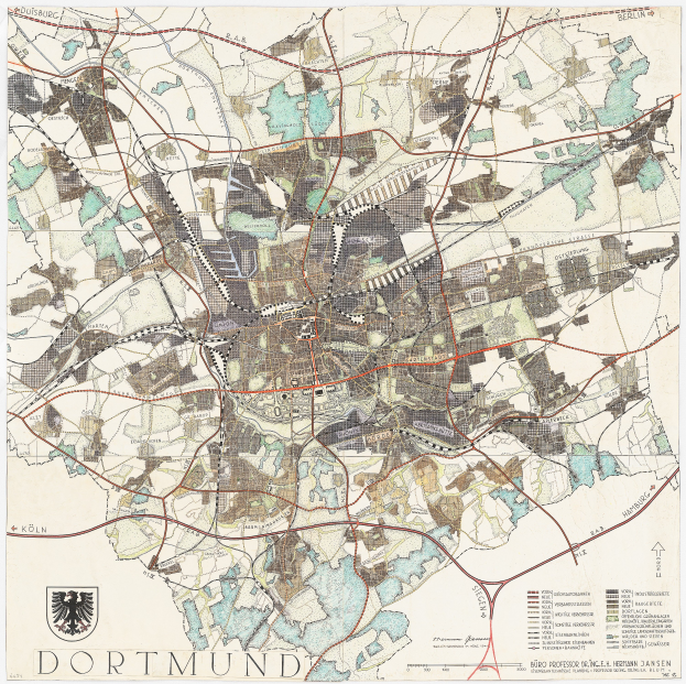 Ein alter Stadtplan von Dortmund, Deutschland, auf einem Poster mit Logo und Text unten.