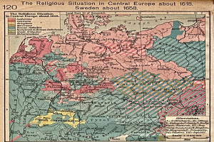 Ein 1618er Poster mit einer Karte von Mitteleuropa, das die religiöse Situation in der Region detailliert darstellt.