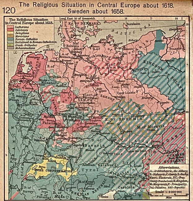 Ein 1618er Poster mit einer Karte von Mitteleuropa, das die religiöse Situation in der Region detailliert darstellt.