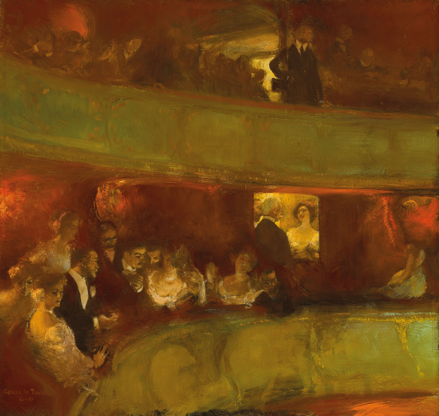 Ein Bild einer bunten Gruppe von Menschen in einem hell erleuchteten Theater, einige stehen, einige sitzen, alle in eleganter Kleidung, schaffen eine lebendige und einladende Atmosphäre.