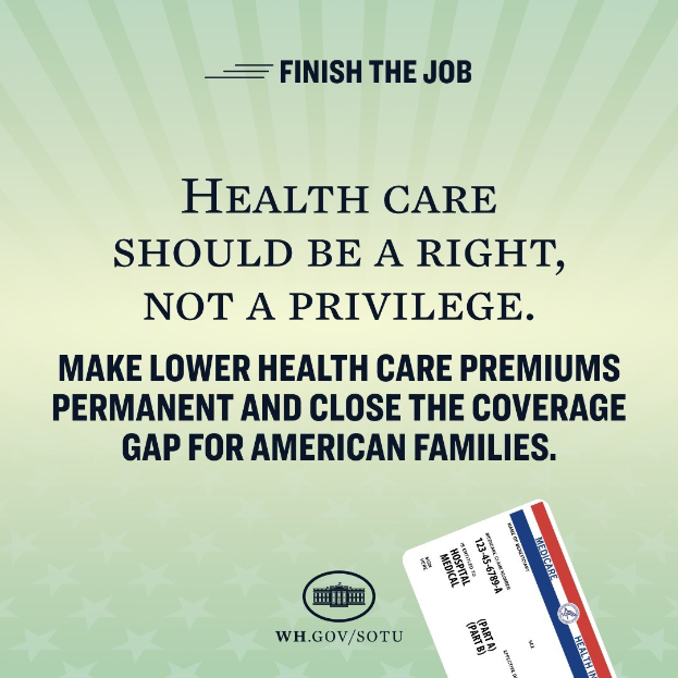Plakat mit dem Text "Beenden Sie die Arbeit: Gesundheit sollte ein Recht sein, nicht ein Privileg" und einer Karte mit der Aufschrift "Machen Sie niedrigere Gesundheitskosten permanent und schließen Sie die Lücke in der Gesundheitsversorgung für amerikanische Familien."