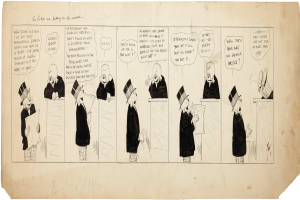 Ein Comic-Strip-Panel mit einem Mann in einem Zylinder und einer Frau in einem Kleid, die in eine Diskussion vertieft sind, wobei der Mann ein Blatt Papier mit Text hält.