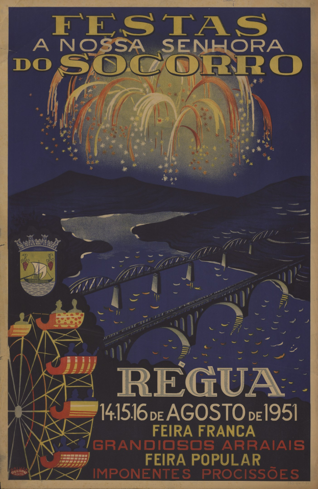 Ein buntes Plakat für ein brasilianisches Festival, das eine Brücke über Wasser, Hügel im Hintergrund und Feuerwerk zeigt, mit Text, der Details des Festivals enthält.