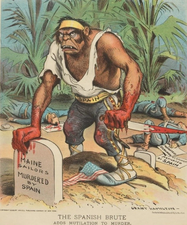 Cartoon, das einen Mann mit einem Messer in der Hand zeigt, der vor einem Grab mit Text darauf steht, umgeben von liegenden Menschen und Bäumen im Hintergrund, mit der Bildunterschrift "Der spanische Barbar fügt Verstümmelung zum Mord hinzu" unten.