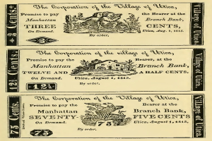 Eine alte Buchwerbung für eine Bank, die einen Mann und eine Frau zeigt, die entschlossen nebeneinander stehen, mit dem Text "Bank" und Zahlen, die den erhaltenen Geldbetrag angeben.