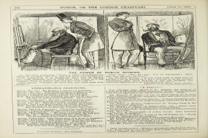 Ein altes Buch mit einer Illustration eines Mannes in einem Stuhl und einer Frau neben ihm, betitelt mit "Die Macht der öffentlichen Meinung."