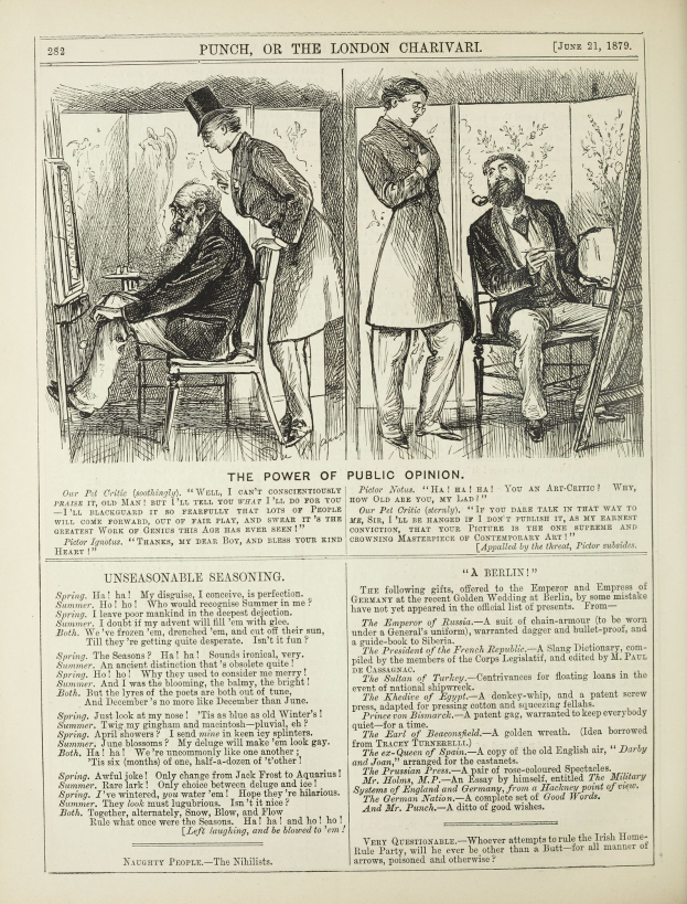 Ein altes Buch mit einer Illustration eines Mannes in einem Stuhl und einer Frau neben ihm, betitelt mit "Die Macht der öffentlichen Meinung."
