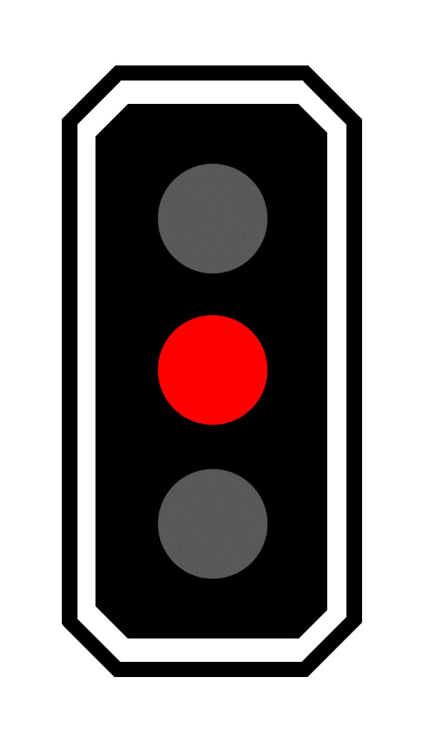 Schwarz-weißer Verkehrspolizeilichtmast mit drei leuchtenden roten Lampen.
