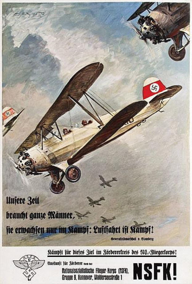 Ein deutscher Propagandaplakat aus dem Zweiten Weltkrieg, das eine Gruppe von Kampfflugzeugen in der Luft zeigt, mit Text über die Flugzeuge und ihre Fähigkeiten.
