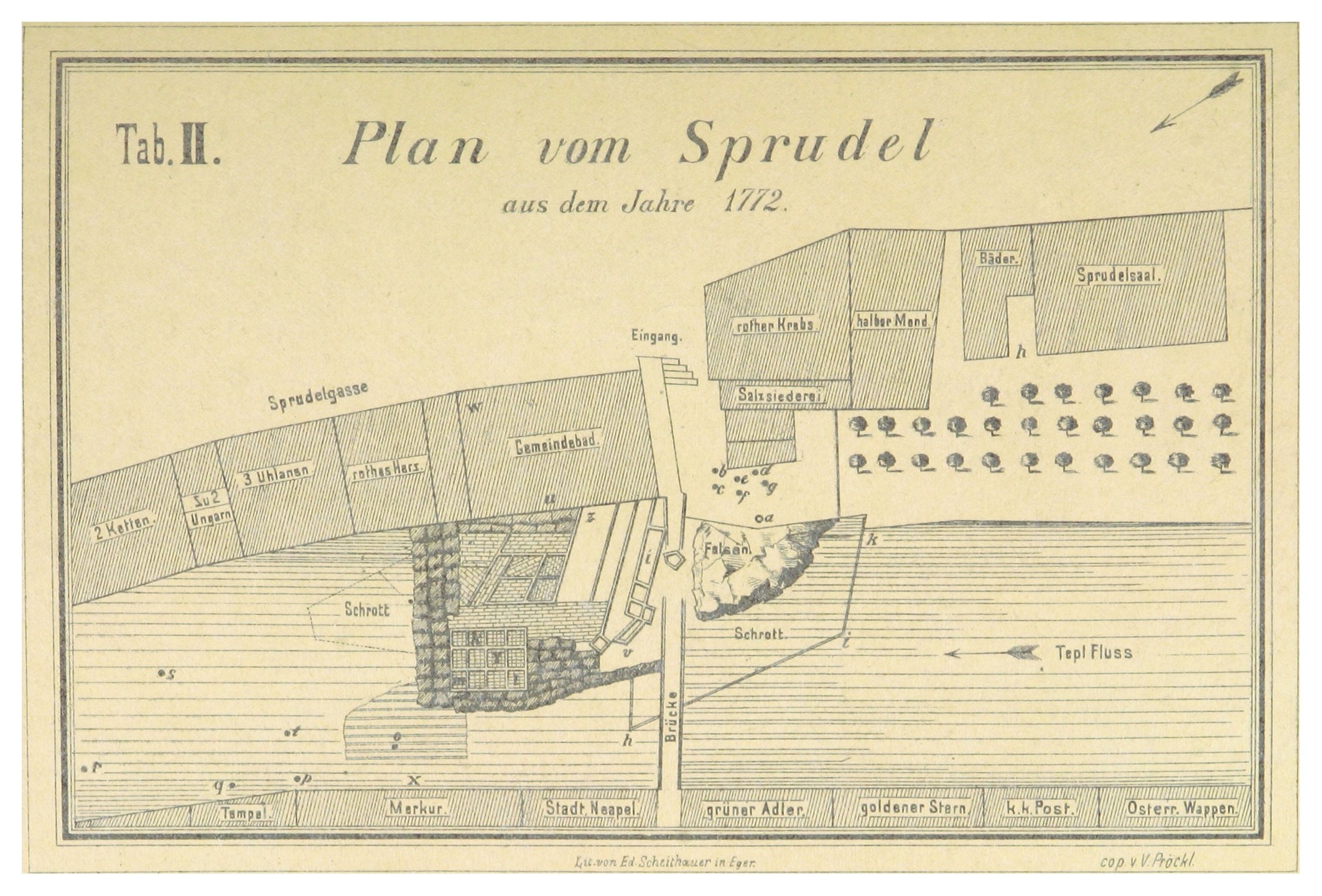 Ein Plakat mit einem Stadtplan von Spruidel, Deutschland, mit begleitendem Text, der zusätzliche Details bereitstellt.
